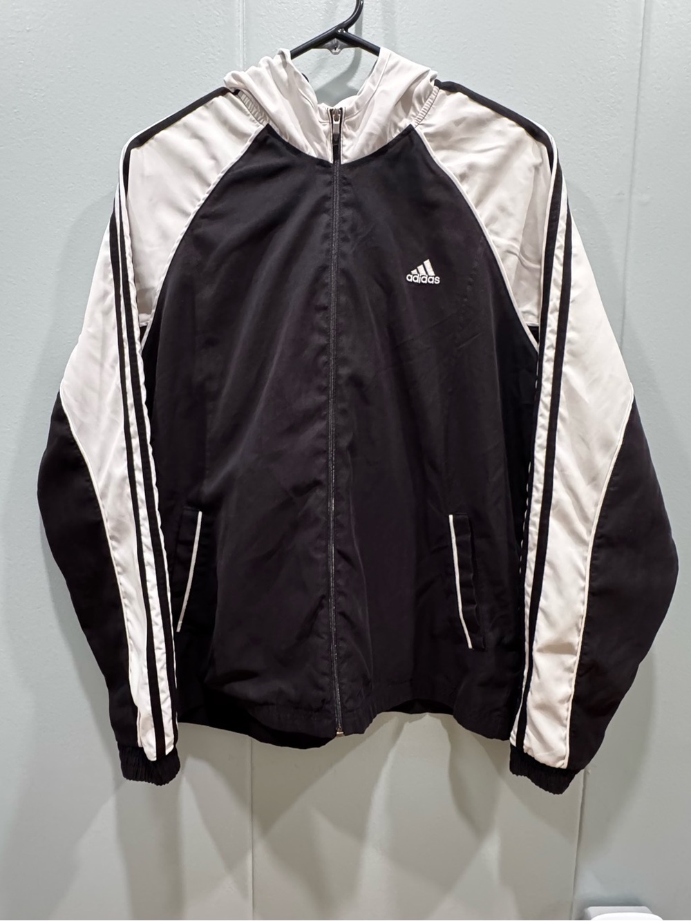 Vintage 2007 Adidas Black White 3 Stripe Hooded Track Jacket Large